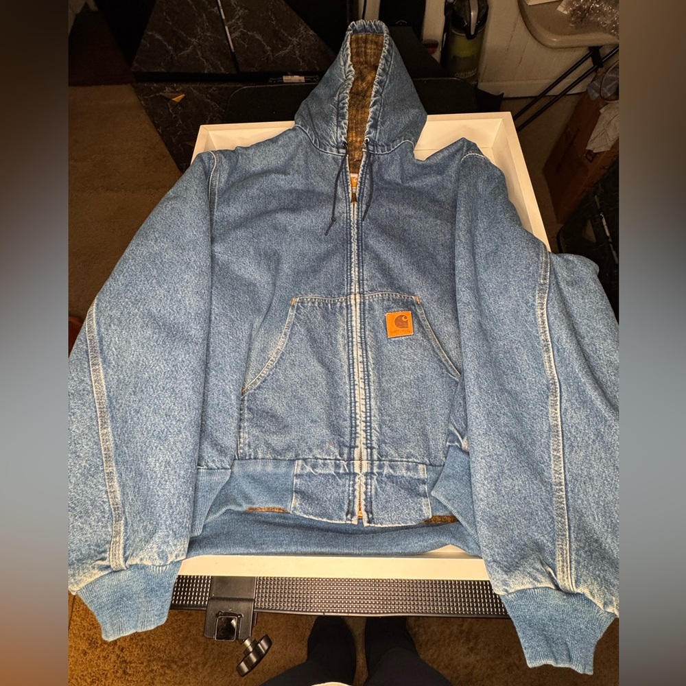 Vintage Carhartt J08 DST Denim Flannel Lined Hooded Jacket XXL Blue Workwear USA